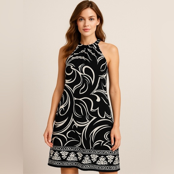 White House Black Market Dresses & Skirts - White House Black Market Halter Dress XS Black White Scroll Print
